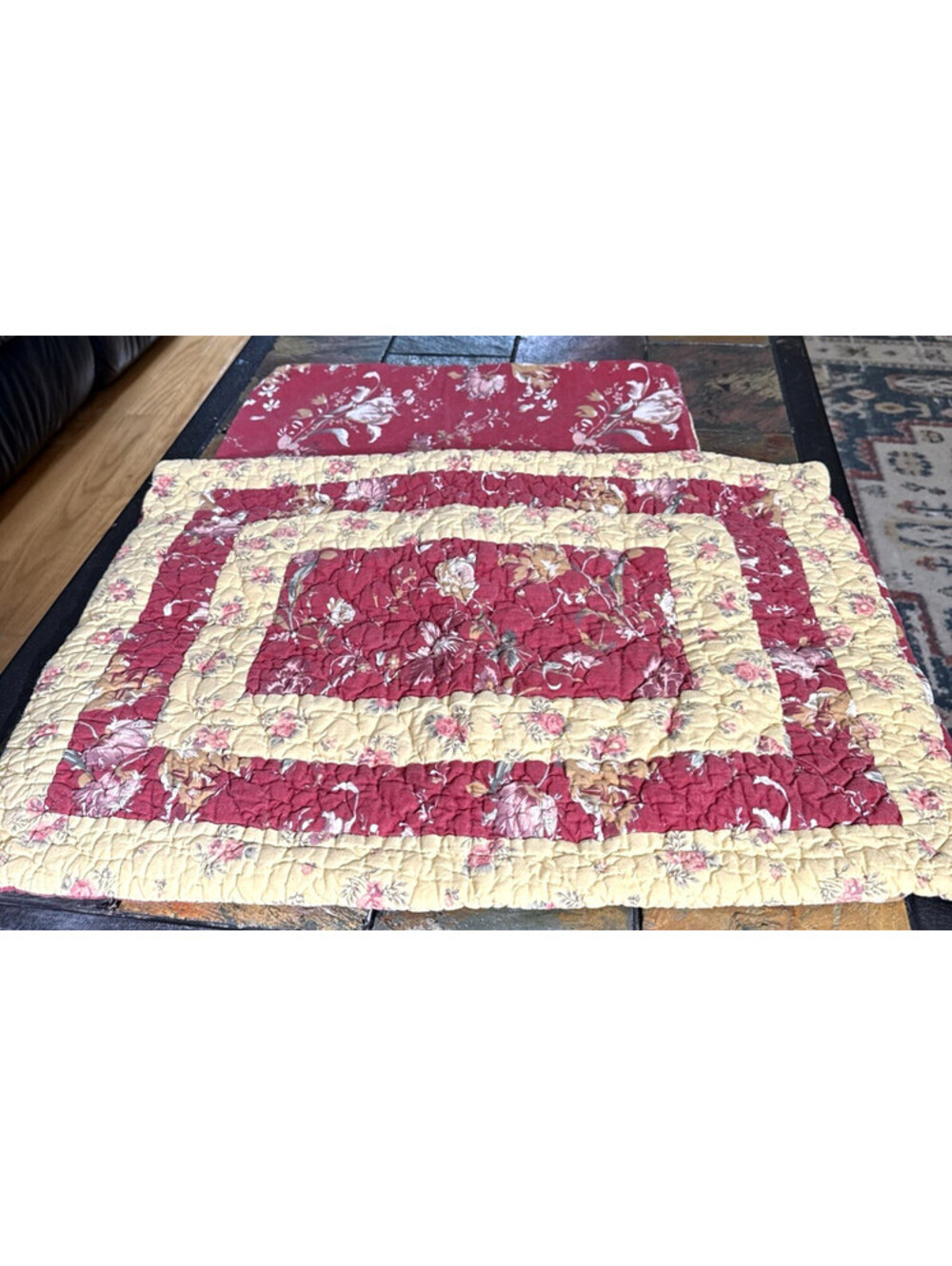 VTG Country Floral Burgundy Yellow Rare Roses Patchwork Hand Stitches Sham Set 2
